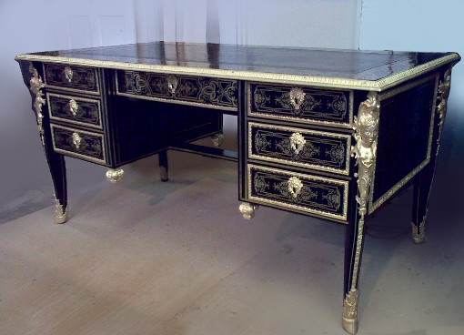 Brass inlay in wood furniture, Bureau Plat